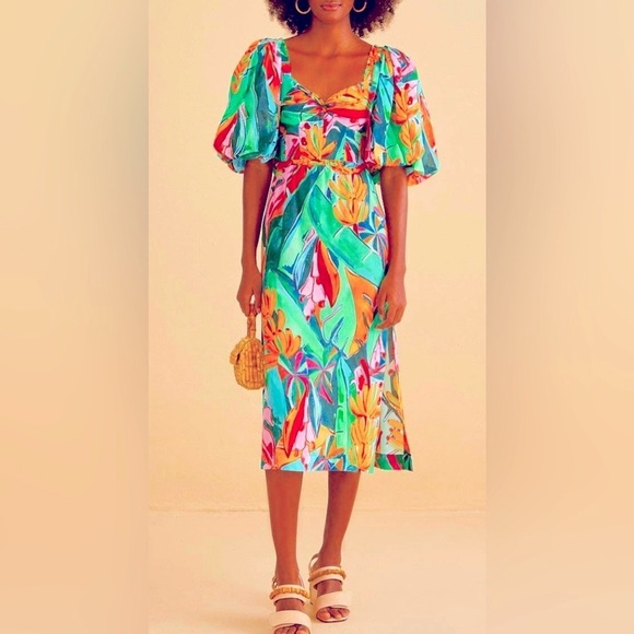 FARM Rio Dresses & Skirts - Farm Rio Banana Foliage Multicolor Puff Sleeve Dress L